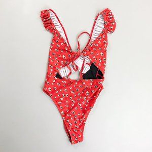NASTY GAL Floral Ruffle Cut-Out Swimsuit SZ 2 Cross Back One-Piece Red